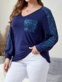 EMERY ROSE Women's Plus Size Sparkly Patchwork T-shirt