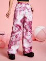 SHEIN PETITE Women's Heart Letter Print Casual Denim-Like Pants