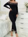 Contrast Lace Off Shoulder Thermal Underwear Set