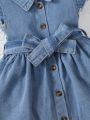 Baby Girls' Cute Flutter Sleeve Belted Denim Dress