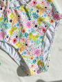 SHEIN Swim Mod Relaxed Floral And Butterfly Print Lace Trim Women's One-piece Swimsuit