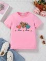 SHEIN Kids EVRYDAY Little Girls' Round Neck Casual Short Sleeve T-shirt With Letter & Heart Print For Summer