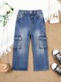 Toddler Girls' Denim Cargo Pants With Pockets