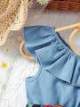 SHEIN Baby Girl Casual Vacation Style Asymmetrical Collar Denim-Like Dress With Ruffled Hem And Waist Belt