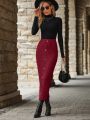 Button Detail Split Thigh Ribbed Knit Skirt