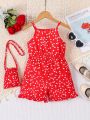 SHEIN Kids QTFun New Style Girls' Heart Pattern Printed Spaghetti Straps Elastic Waist Jumpsuit Shorts