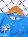 Baby Boys' Cartoon Print Short Sleeve T-Shirt And Plaid Shorts Set