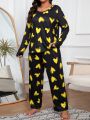 Plus Size Black Base Yellow Heart Print Casual Homewear Set With Long Sleeve And Long Pants