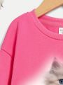 Girls' Kitten Printed Round Neck Fleece Sweatshirt