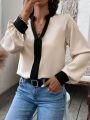 SHEIN Privé Color Block Notched V-neck Blouse