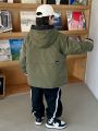 Boys' Casual Hooded Warm Padded Jacket With Letter Print For Autumn And Winter