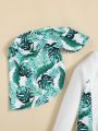 SHEIN Baby Boy Plant Patterned Raglan Sleeves Round Neck Top, Shorts, Hat & Swimming Suit 4pcs/Set