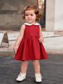 SHEIN Baby Girls' Casual Style Doll Collar Colorblock Waist Drawstring Pleated Dress