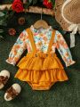 Baby Girl Flower Print Top And Solid Color Ruffled Strap Romper Set