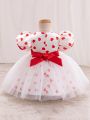 Baby Girls' Heart Printed Dress With Doll Collar, Short Puff Sleeves And Bubble Hem