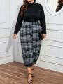 Plus Size Plaid Patchwork Long Sleeve Jumpsuit