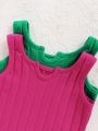 SHEIN Baby Girls' Knitted Solid Color Tank Top And Shorts, Elastic Waist, 4pcs/Set Casual Outfits