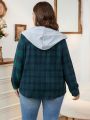 Plus Plaid Print Drawstring Hooded Jacket