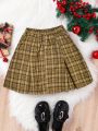 SHEIN Kids CHARMNG Girls' Plaid Skirt With Bow Decor For Teenagers