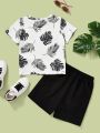 SHEIN Kids SUNSHNE Young Boy Casual Tropical Plant Print Short Sleeves T-Shirt And Shorts 2pcs/Set