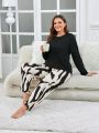 Plus Size Solid Color Top & Color Block Long Pants Set