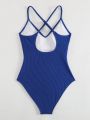 SHEIN Swim Basics Sexy Ladies Solid Color Pit V-Neck Cross Strap One Piece