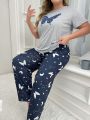 Plus Size Women'S Butterfly Print Short Sleeve Pants Homewear Set