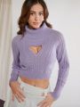 Luxe Women's High Neck Love Heart Hollow Out And Drop Shoulder Long Sleeve Sweater
