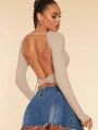 SHEIN BAE Solid Color Backless Long Sleeve T-shirt