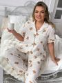 Plus Size Bear Printed Lapel Collar Pajama Set