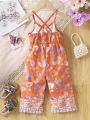 Baby Girl's Casual, Elegant, And Vintage-Inspired Sleeveless -Style Printed Beach Jumpsuit. Loose-Fitting And Comfortable With Elastic Waistband