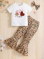 SHEIN Kids FANZEY Toddler Girls' Heart Pattern T-shirt And Leopard Flared Pants 2pcs/set Summer Outfit