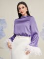 SHEIN Modely Feather Decorated Flared Sleeve Satin Blouse