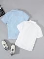 SHEIN Kids FANZEY Tween Boys' Fitted Turn-Down Collar Solid Short-Sleeved Woven Shirt 2pcs/Set