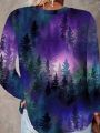 Round Neck Plus Size Forest Starry Sky Colorful Print Long Sleeve T-Shirt