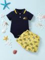 Baby Boy's Summer Handsome Knit Colorblocking Polo Romper And Cute Turtle Print Shorts Outfit Set