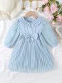 SHEIN Kids FANZEY Little Girls' Bowknot Decor Chiffon Pleated Dress For Spring/Autumn