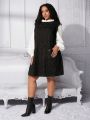 SHEIN CURVE+ Plus Size Woolen Two-in-one Dress With Lotus Leaf Hem And Lantern Sleeve