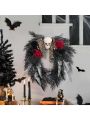 Halloween Wreaths for Front Door 22 Inch Halloween Decorations Halloween Skull Wreath with Dead Branches, Spider, Roses for Indoor Outdoor Home Party Decor