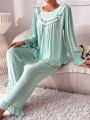 Contrast Lace Ruffle Trim Flounce Sleeve PJ Set