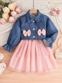 SHEIN Kids CHARMNG Little Girls' Romantic Casual Mesh Layered Dress And Denim Print Short Coat With Button For Autumn And Winter