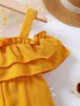 Baby Girl Casual Solid Color Off-Shoulder Jumpsuit With Ruffle Hem For Spring