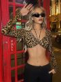 SHEIN ICON Ultra Cropped Twist Knot Leopard Print Top