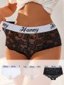 SHEIN 3pcs Letter Tape Waist Lace Boyshorts