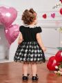 SHEIN Infant Girls' Casual Cute Doll Collar Plaid Mesh Short Sleeve Dress