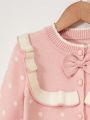 Young Girl Polka Dot Pattern Ruffle Trim Bow Front Cardigan