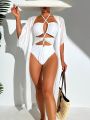 1pc Hollow Out Detail Cross Neck Halter One-Piece Swimsuit