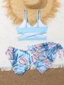 Tween Girls' 3-Piece Swimsuit Set With Botanical Print And Ruffle Trim, Lock Edge