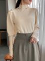 FRIFUL Beaded Turtleneck Sweater With Leg-of-mutton Sleeve