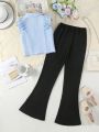 2pcs/Set Teenage Girls' Suit With Cardigan & Ruffle Hem Top, Knotted Hem & Flared Pants For Spring And Summer